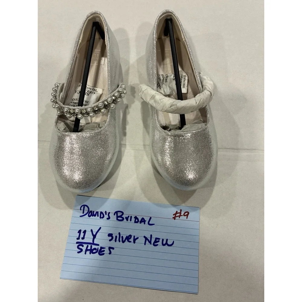 David B. Gold Glitter Iridescent Flower Bow Little Girls Dress Shoes US Size 11